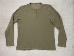 AllSaints Henley Shirt Mens XL Green Waffle Knit Long Sleeve Regular Fit