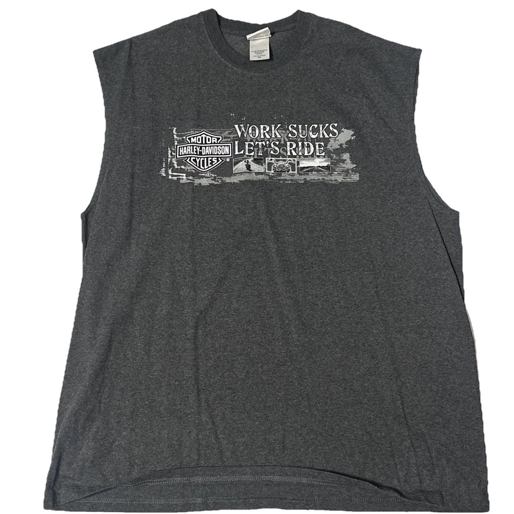 VTG Harley Davidson Cycles Mens Sleeveless T Shirt Work Sucks Let’s Ride 2XL