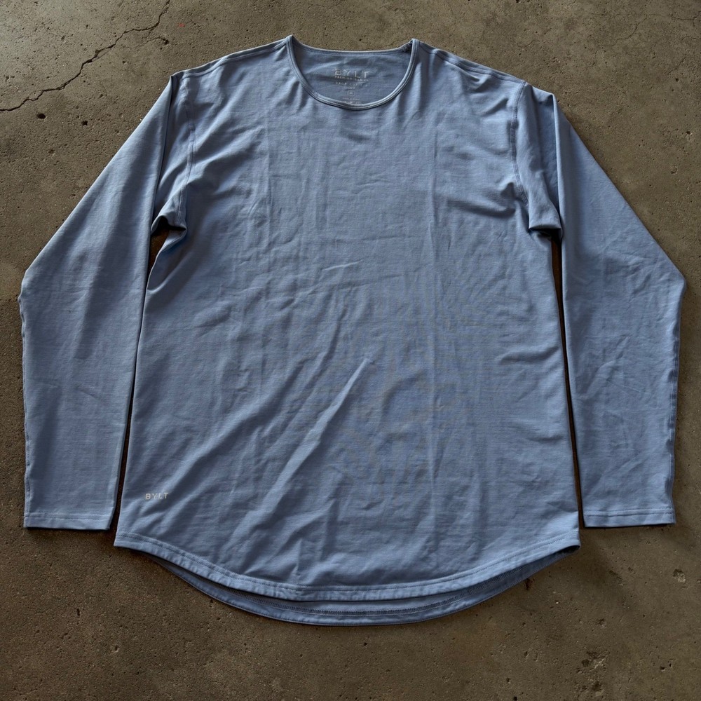 BYLT Drop Cut L/S Lux Mens XL Blue Long Sleeve Curved Hem Shirt Casual Active