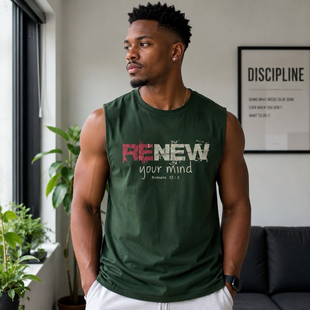 Green Men’s Sleeveless Graphic Print T-Shirt Crew Neck “Renew Your Mind” M