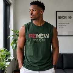Green Men’s Sleeveless Graphic Print T-Shirt Crew Neck “Renew Your Mind” M