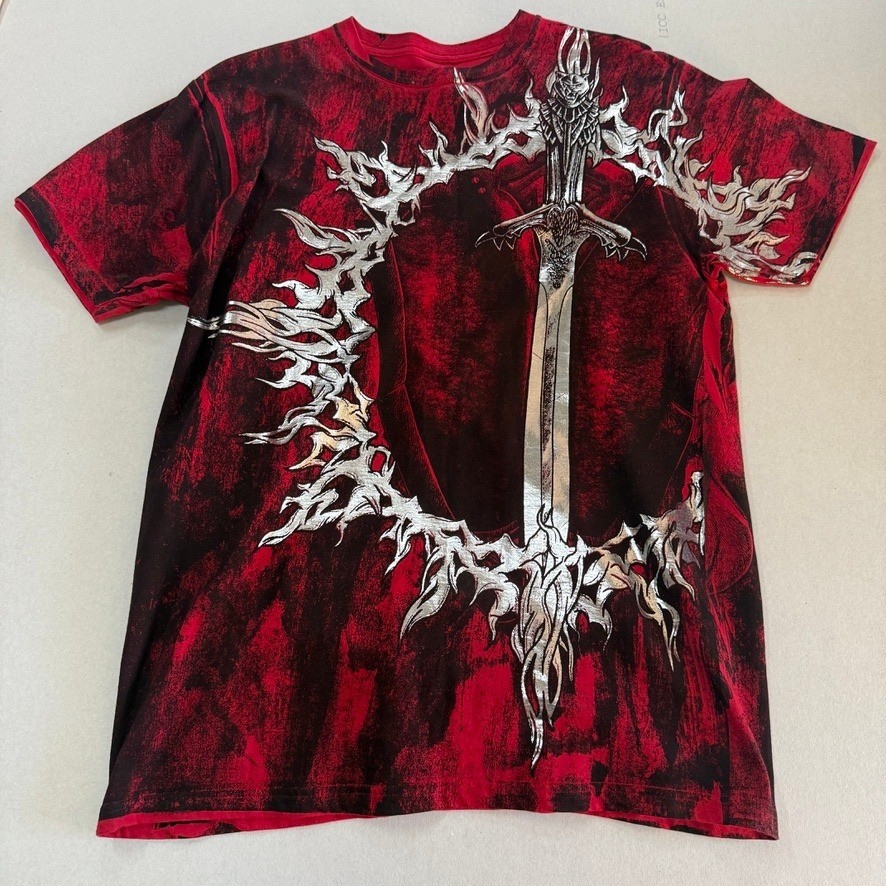 T2G Mens Sword Graphic T-Shirt Red Black Silver Foil Lions Shield Y2K Size Large