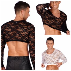 US Sissy Mens See Through Sheer Lingerie Lace Babydoll Crop Top T Shirt Clubwear