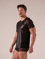 Absolu Male By TOF PARIS Rebel Mesh T-Shirt Crew-Neck Leather Look 1