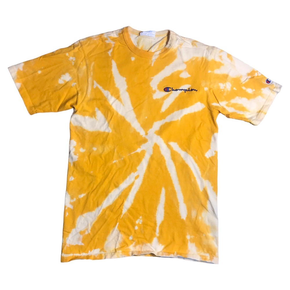 Champion Thick T-shirt Chest Logo Tie Dye Yellow Mens Tag Small￼ Acid Wash
