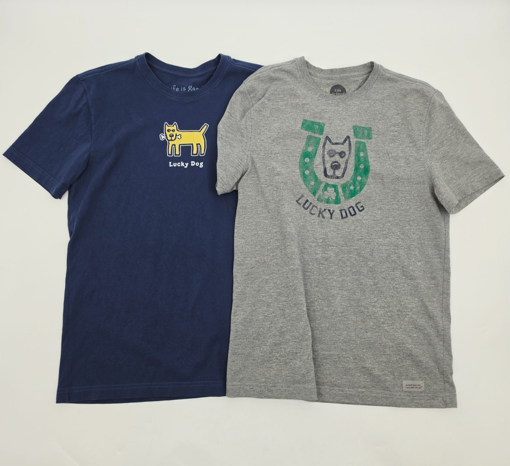 Life Is Good LUCKY DOG Men’s Shirt Size Medium Lot of 2 Gray Horseshoe Navy Blue