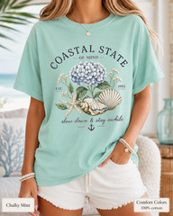 Coastal State of Mind Shirt, Comfort Colors Hydrangea Seashell Beach Tee