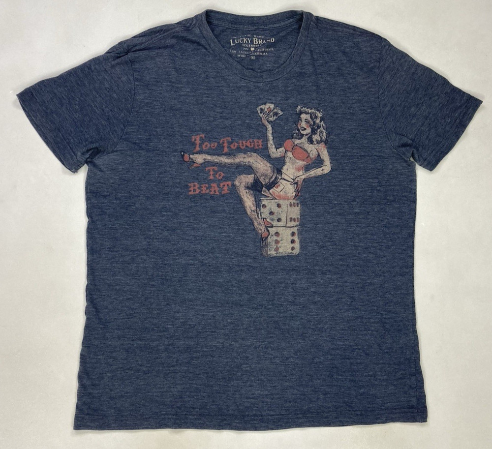 Lucky Brand Too Tough To Beat Pin Up Sexy Girl Graphic T-shirt Men Medium Blue