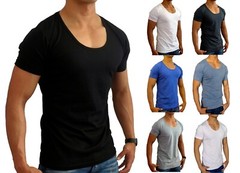 NEW MENS PLAIN DEEP SCOOP T SHIRT SLIM FIT S – XXL EURO CASUAL MUSCLE FASHION