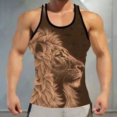 ⭐⭐⭐Tank Top Men Vest T Shirt Lion 3D Graphic Brown Muscle Workout Gym Athletic