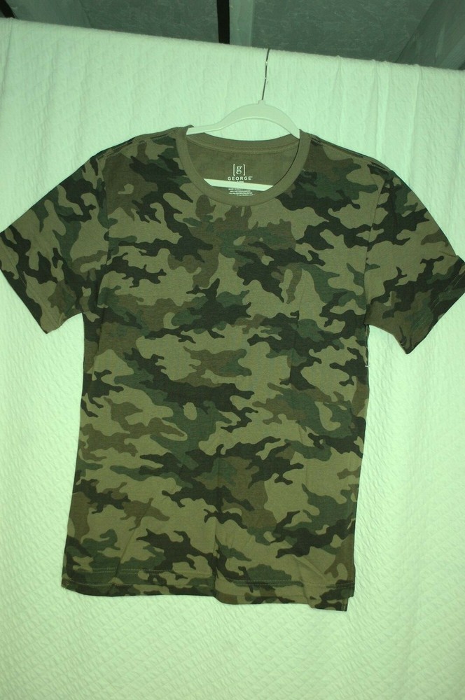 Mens S/S T-Shirt GREEN BLACK BROWN CAMOUFLAGE Crew Neck CAMO Size S 34-36