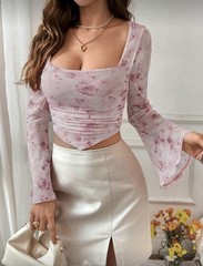 Elegant Flower Print Square Neck Flare Sleeve Ruffle Hem Handkerchief T-Shirt