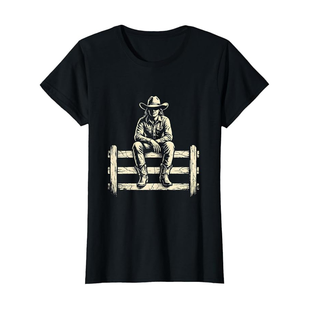 Cowgirl Sitting on Fence at Dusk Western Art Sweatshirt T-shirt