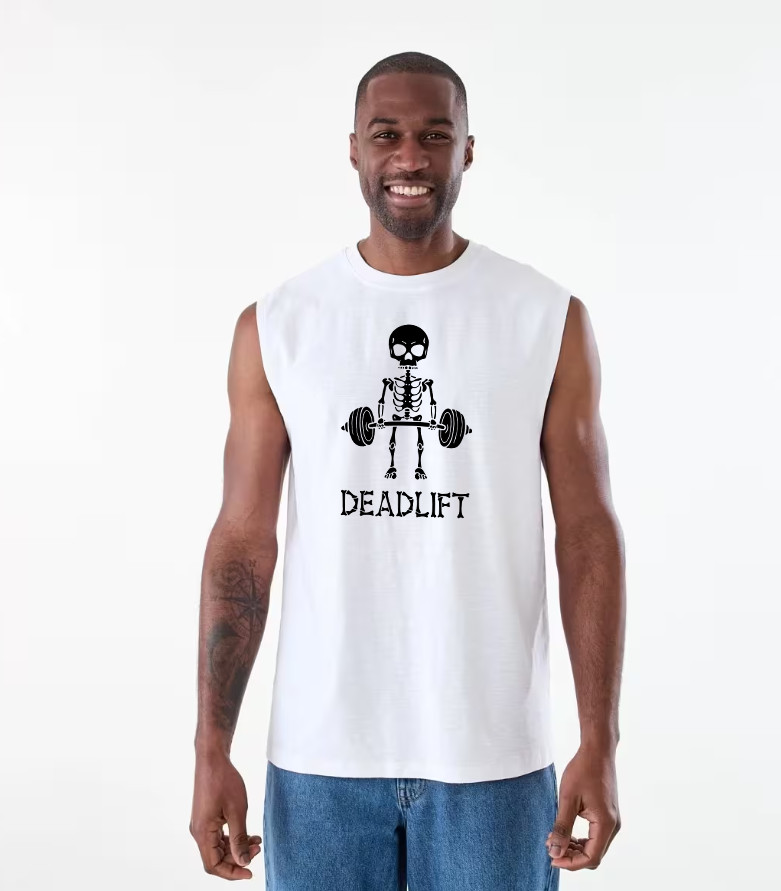 MEN WOMENS TEE SLEEVELESS TSHIRT DEADLIFT SKELETON WEIGHTLIFTING WEIGHTS GYM