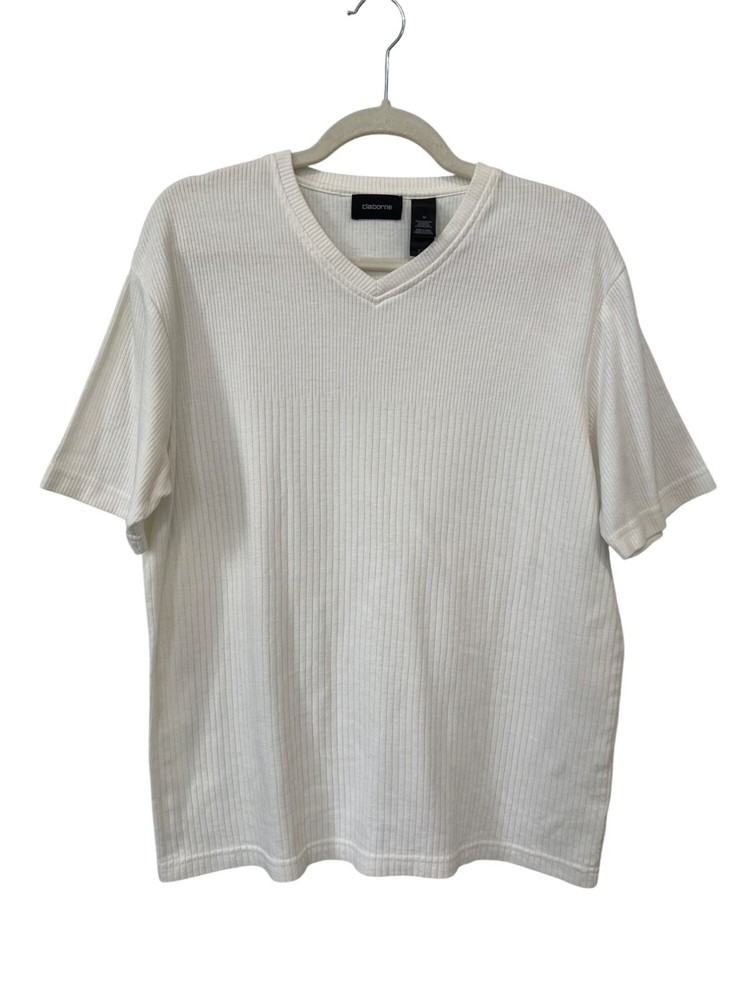 Claiborne Ribbed V Neck T Shirt Size Medium Short Sleeve White Casual Minimalist