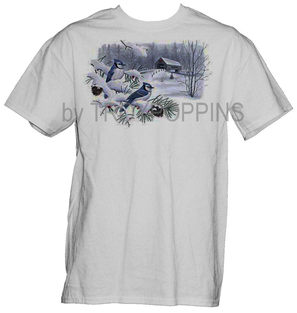 1-MENS WEAR-BLUE JAYS WINTER BIRDS SCENE WATCHER COUNTRY GRAPHIC PRINTED T-SHIRT