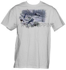 1-MENS WEAR-BLUE JAYS WINTER BIRDS SCENE WATCHER COUNTRY GRAPHIC PRINTED T-SHIRT