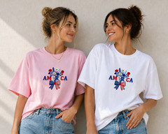 250th Anniversary USA Embroidered Tee, Floral Patriotic T-Shirt Vintage Style