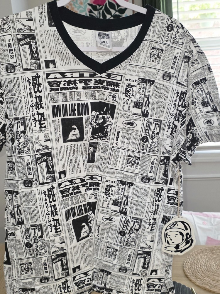 Billionaire Boys Club Short Sleeve V-Neck Newspaper Print Large Brand New W/Tag