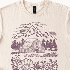 Rustic Barn Mountain Landscape Graphic Tee Woodcut Style Nature Art