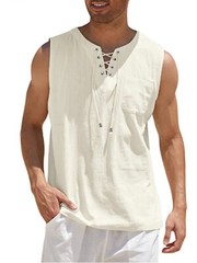 Mens Loose Tank Tops Cotton Linen Sleeveless Lace-up T-shirt Daily Wear Vacation