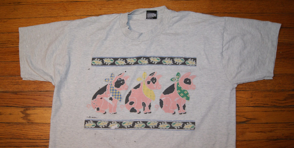 Vintage 90s Pig Bandit Robber Corn Farm Air Waves XL TShirt Paint Stains USA