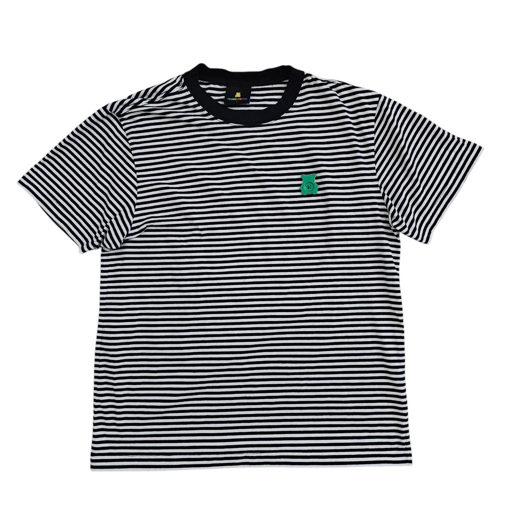 Teddy Fresh T-Shirt Mens Large Striped Short Sleeve Tee Black White Bear Button