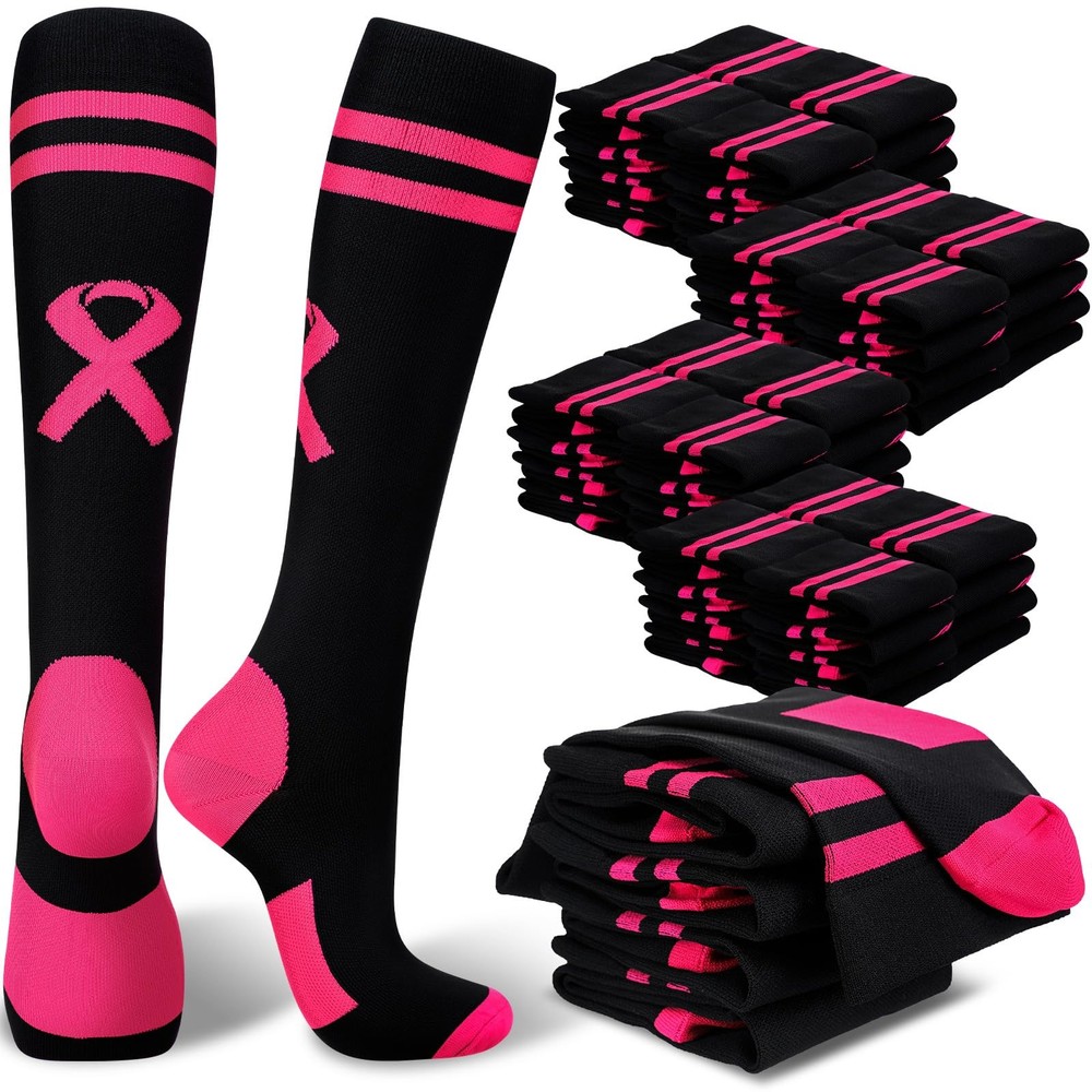 12 Pair Breast Cancer Awareness Socks Women Pink Ribbon Football Socks Bulk
