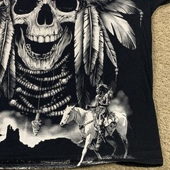 Vintage Y2K Native American Skull Mens 2XL Black Short Sleeve Shirt AOP Horses