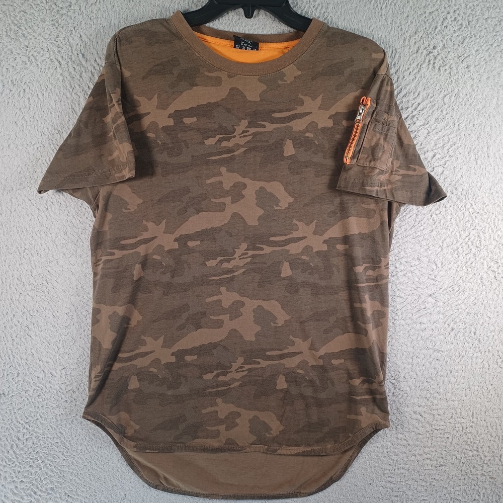 VICTORIOUS Mens Camo Brown Shirt Size Medium Short-Sleeve Zipper Pocket Sleeve