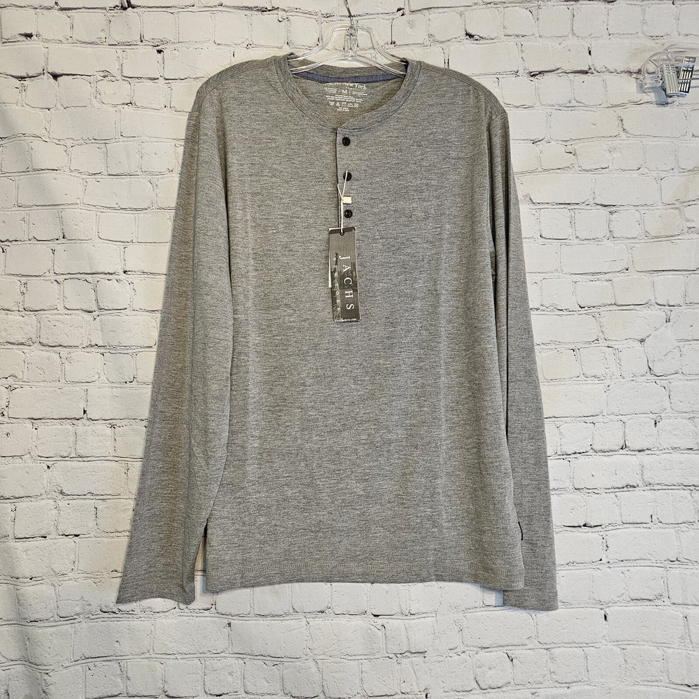 NWT Jachs New York Mens T-Shirt Long Sleeve Henley Neck Charcoal Gray Size MED