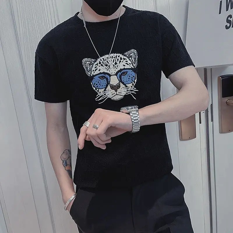Men’s Designer Embroidered Leopard Head T-Shirt Slim Fit Casual Summer Tee