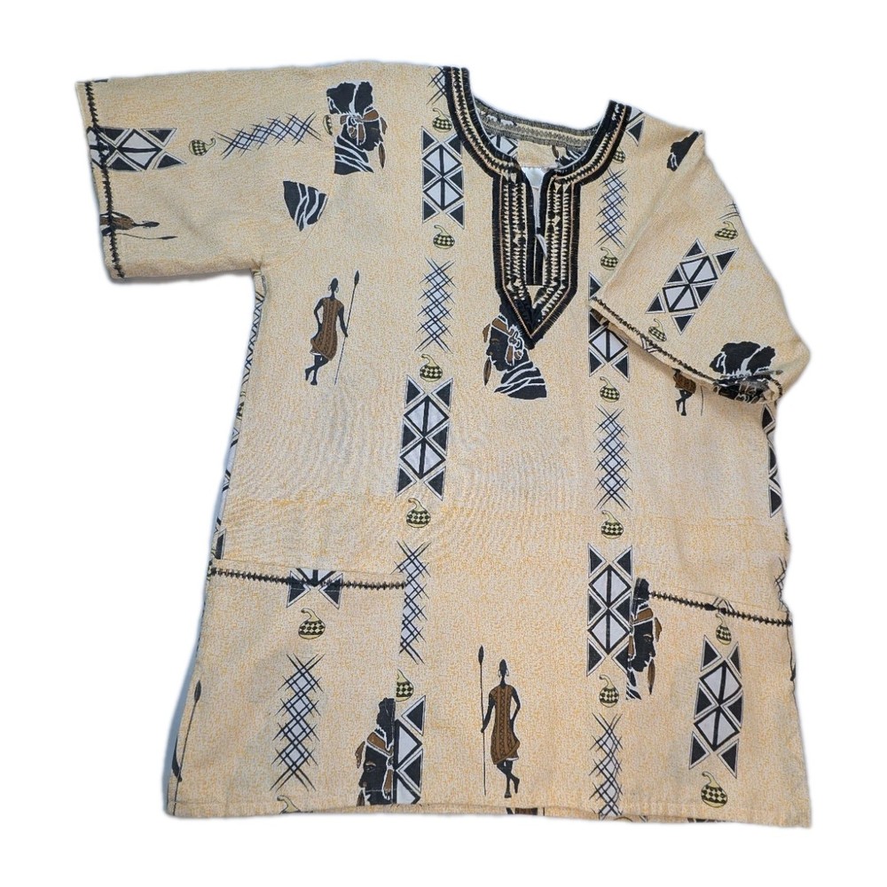 Shirt Pullover L Broadcloth SS Dashiki Aztec Aborigine Pockets