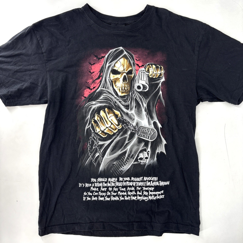 Teddy Fresh Shirt Mens Medium Black Grim Reaper Graphic Tee Mental Health Quote