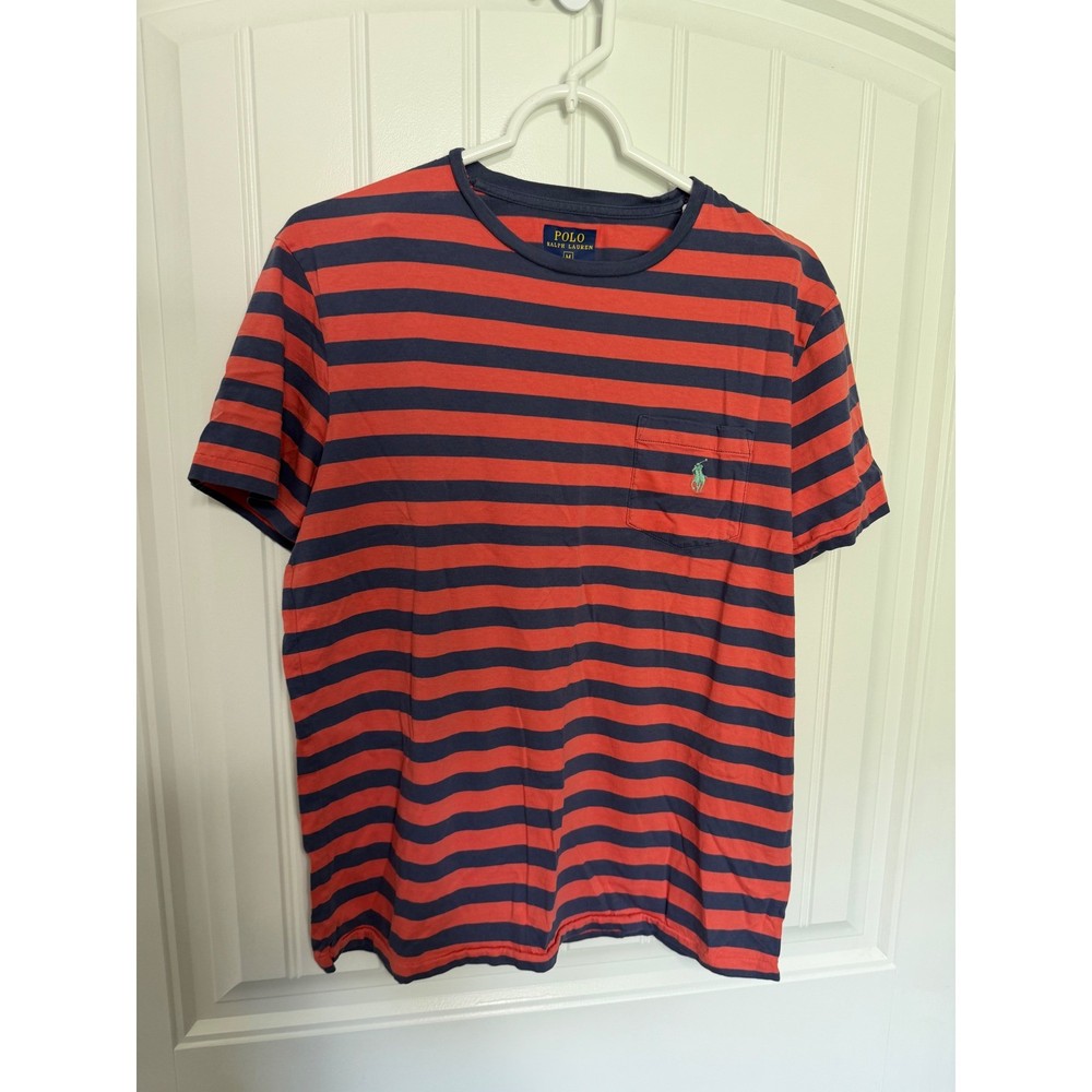 Polo Ralph Lauren T-Shirt Mens Medium Red Blue Striped Pocket Pony Logo Tee