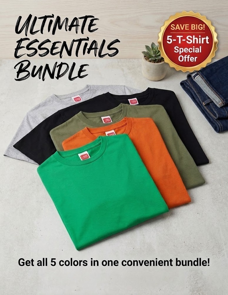 5 Pack Multi Color T-Shirts Premium Combed Cotton Bulk Unisex Tee Bundle