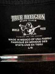 True Religion Buddha Box V Neck T Shirt Mens L Black Graphic Spellout Guitar
