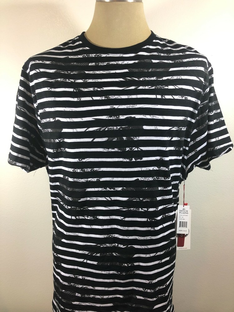 New Men’s 2X Ditch Plains Black & White Strip & Floral Print T-Shirt