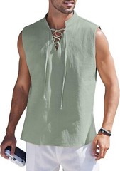 Men Cotton Linen Tank Top Sleeveless Lace Up Shirt Bohemian Beach Casual Tunic