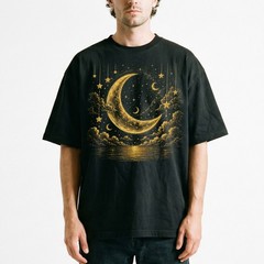 Golden Crescent Moon Stars T-Shirt Mystic Night Sky Reflection Tee