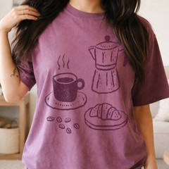 Coffee and Croissant Graphic Tee Hand-Drawn Sketch Art
