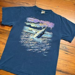 Vintage Whale Nature Art T-Shirt Men’s Size L Navy Blue 1990s Embroidered