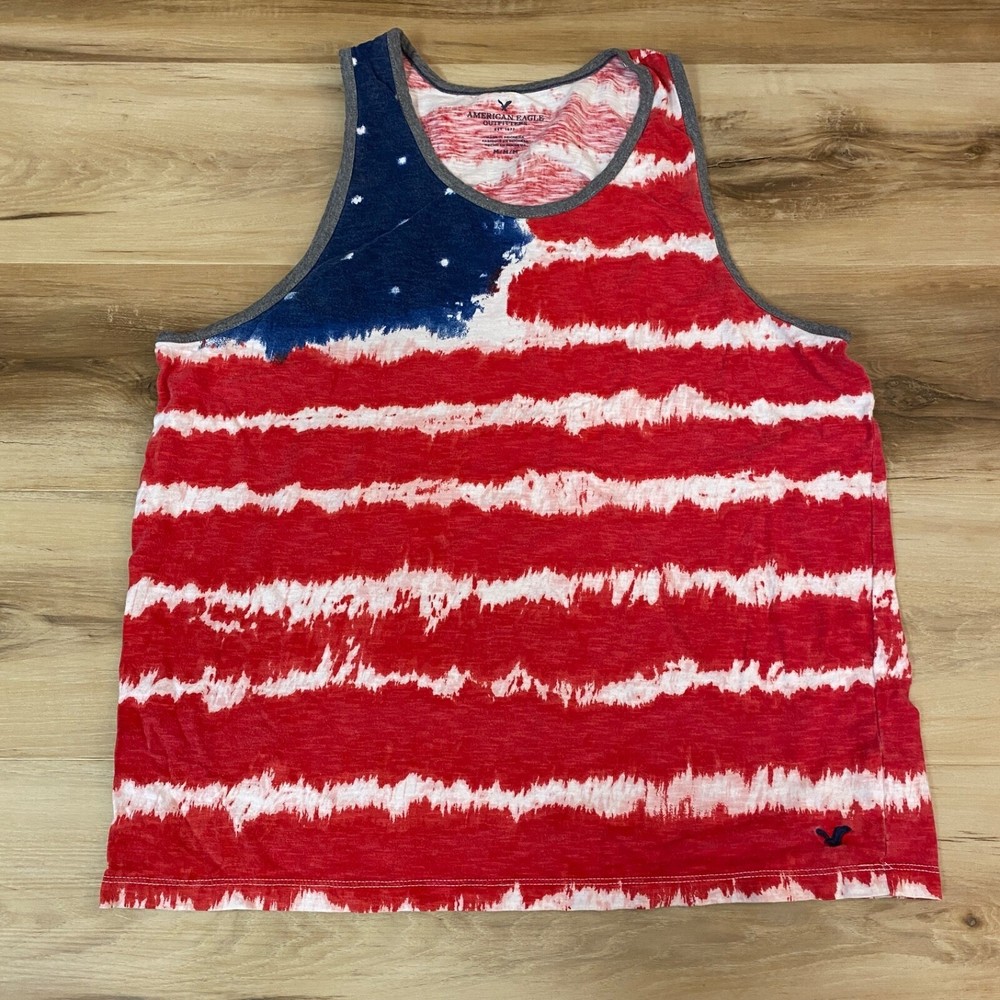 American Eagle Tank Top Mens Medium USA Flag Tie Dye Cotton Heritage Red White