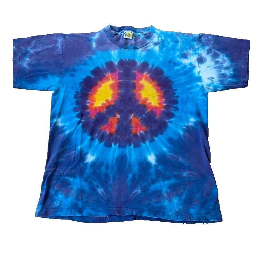 Vintage Sundog 90s Single Stitch Tie Dye Peace Sign T Shirt Hippie Bohemian AOP