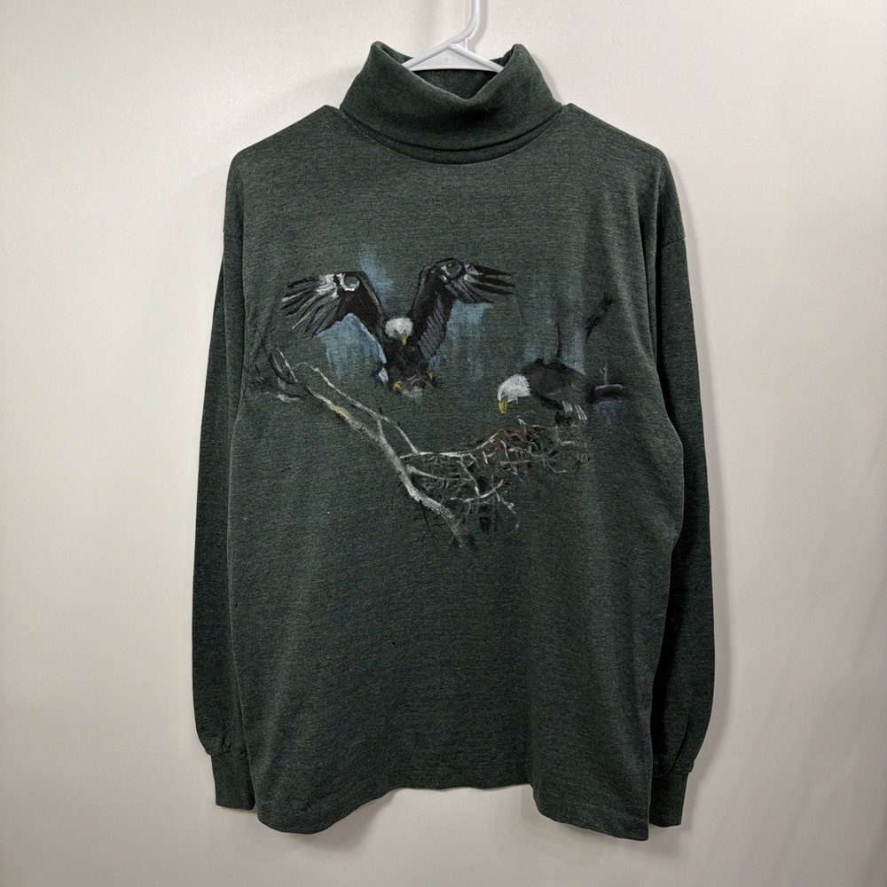 Vintage 90s Mens Hand Painted Eagle Green Turtleneck Long Sleeve Shirt Size L