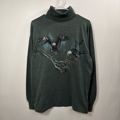 Vintage 90s Mens Hand Painted Eagle Green Turtleneck Long Sleeve Shirt Size L