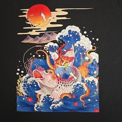 Japanese Ukiyo-e Art Style Graphic Print T-shirt Soild Black Size XL