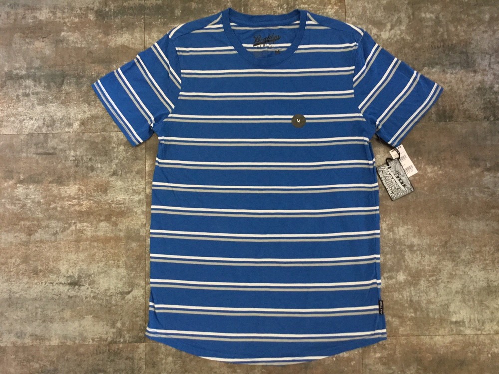 Men’s New T-Shirt Brooklyn Cloth M Blue Stripe Cotton Blend Crew Scoop Hem NWTs