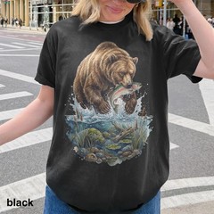 Vintage Bear Fishing Shirt, Grizzly Catching Fish Graphic Tee
