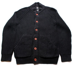 VTG STUSSY ~CARDIGAN~ RIBBED KNIT SWEATER L mock/shawl/neck/military/tour/gauge